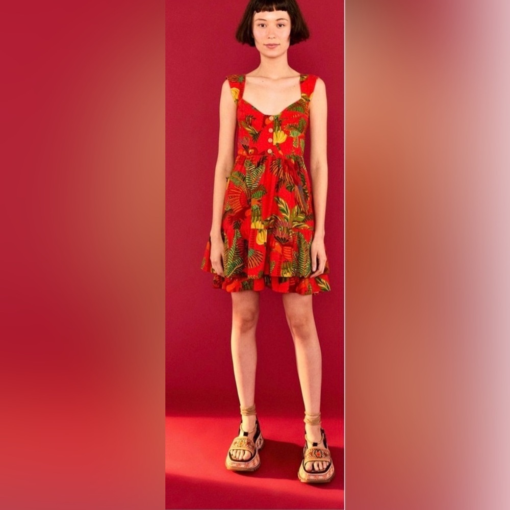 Farm Rio- Red Forest Birds- Tropical Linen Blend Dress. Size S